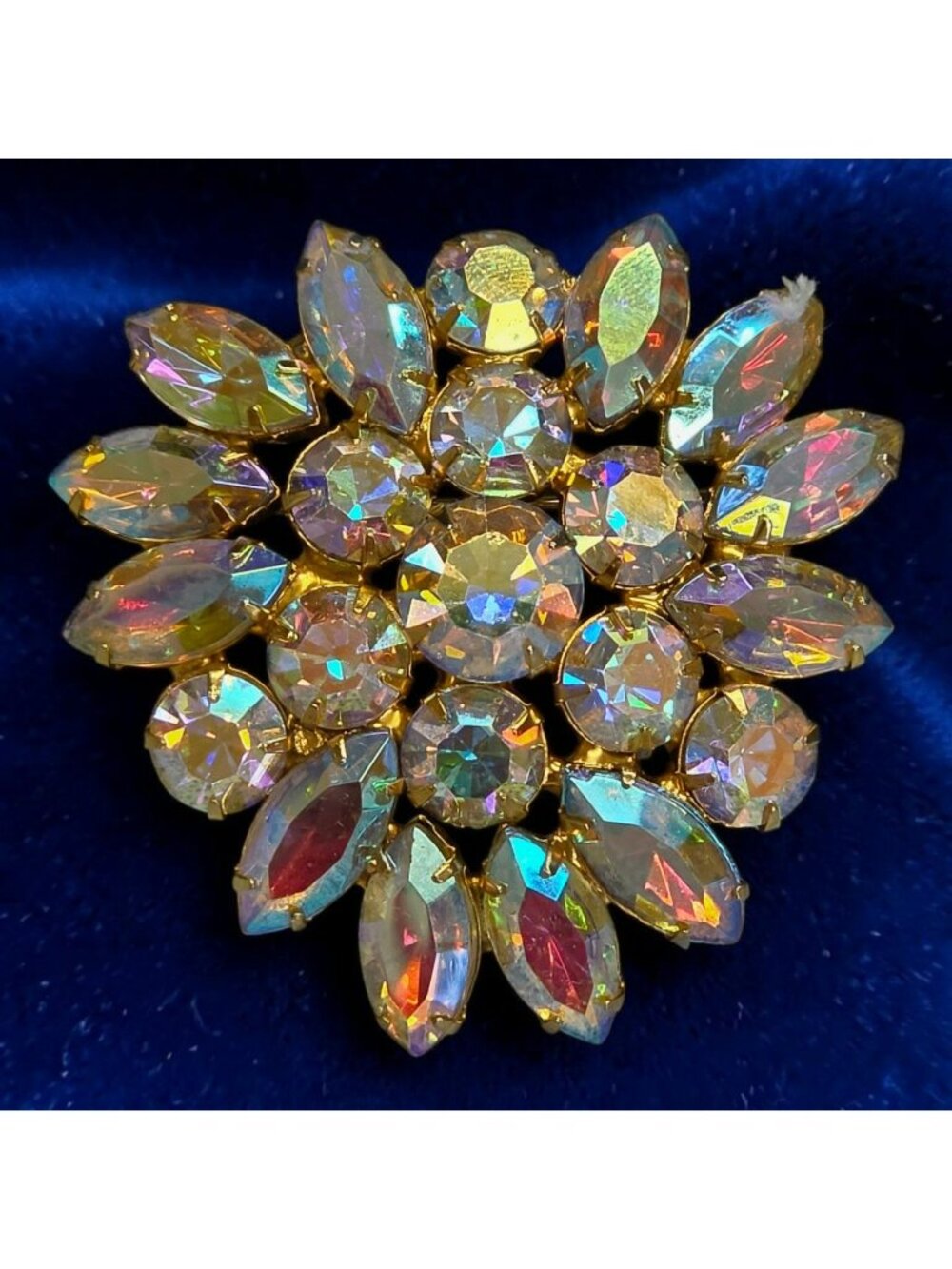 Vintage 1950s Aurora Borealis Glass Rhinestone Gold-Tone Flower Brooch Pin